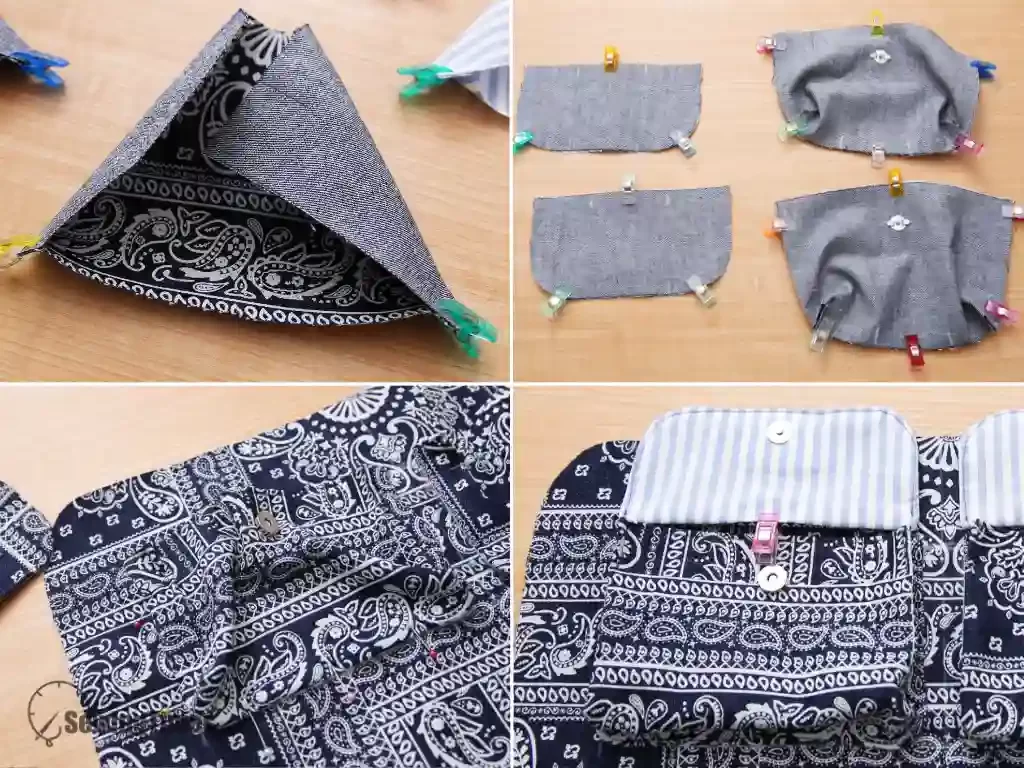 A high-quality close-up of the paisley denim fabric and stitching details of a handmade wide duffle bag, perfect for a sewing tutorial.