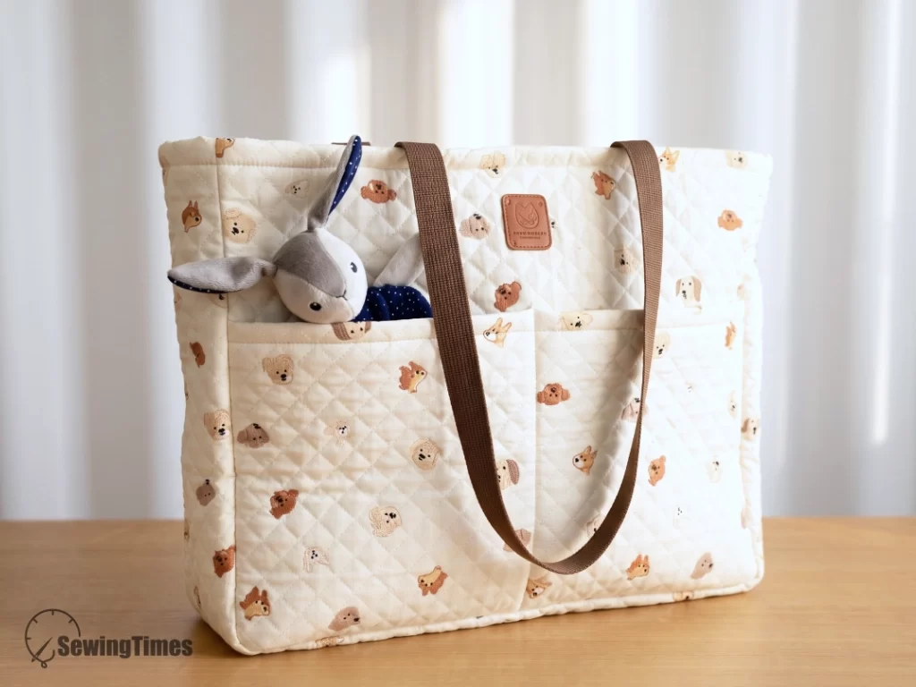 Angled front view of the large capacity quilted tote bag with a stuffed bunny toy tucked into one of the spacious front slip pockets.