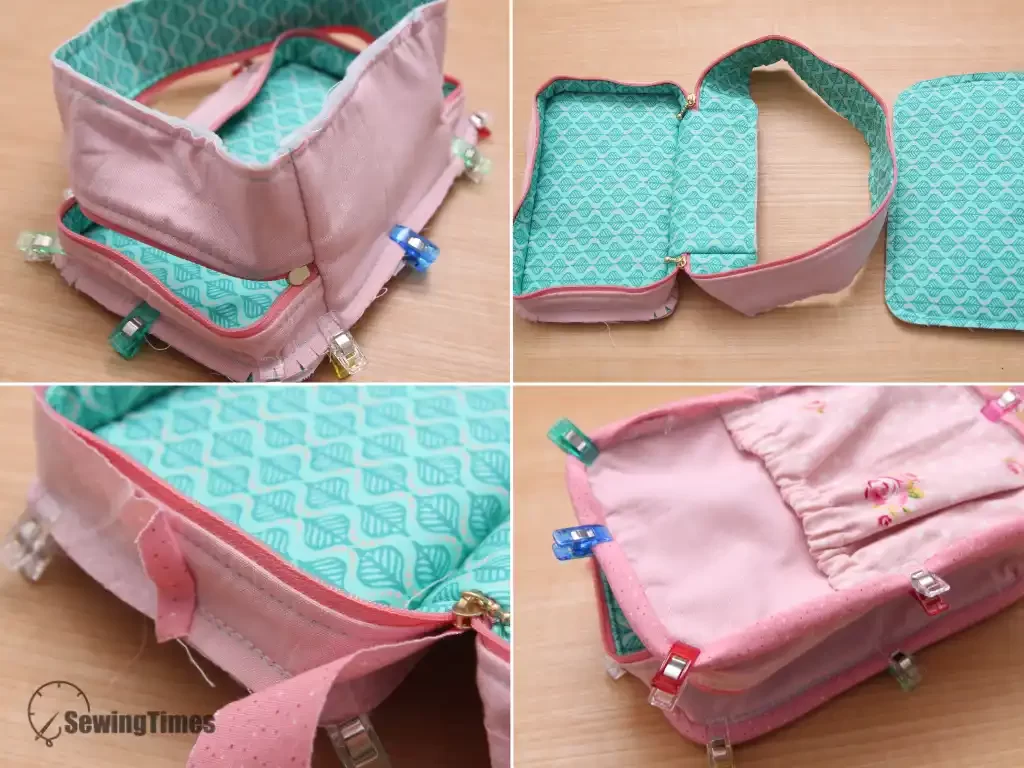 A collage showing the sewing process of a fabric makeup bag, with sewing clips holding the teal and pink fabric layers together.